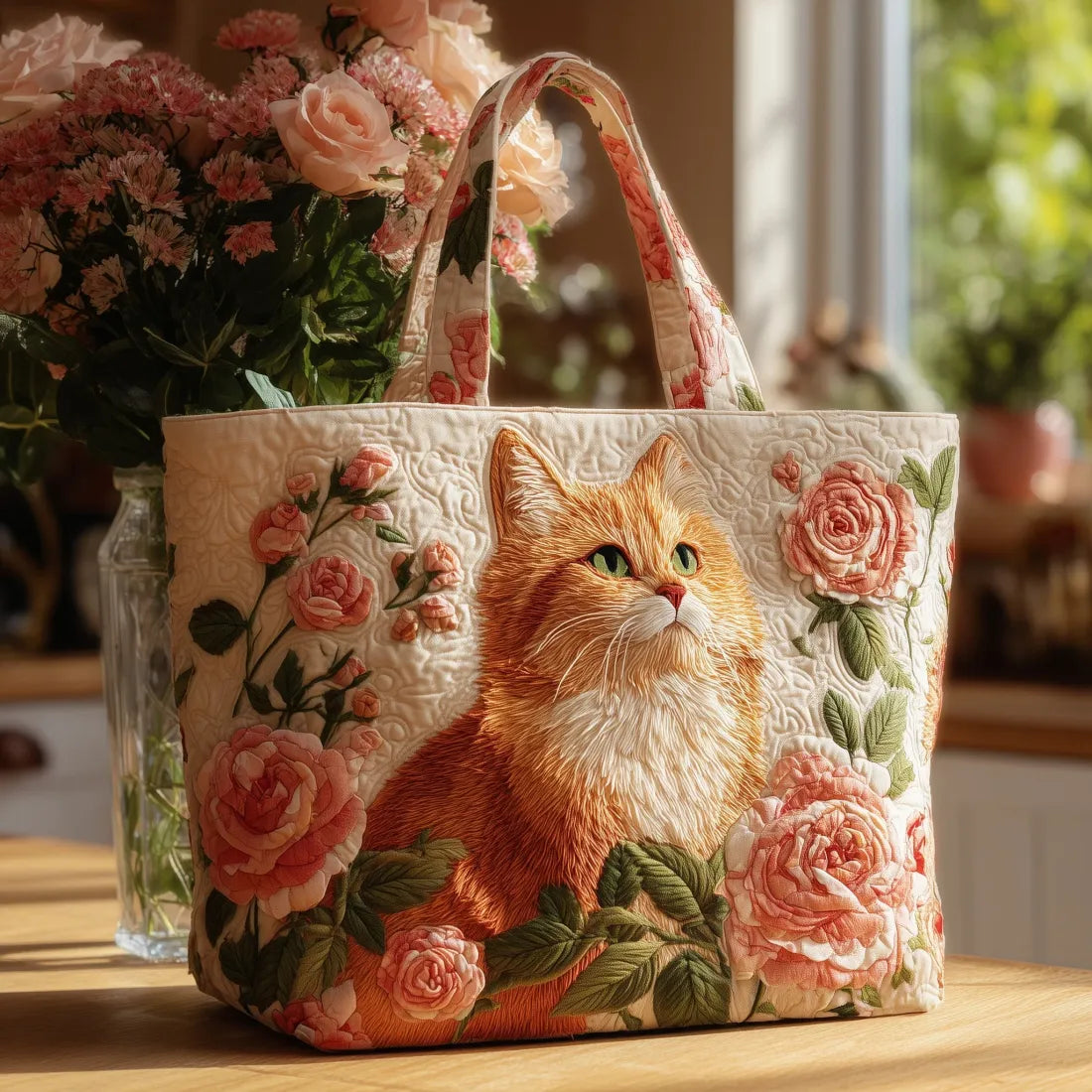 Bolso Artesanal - Gato Jengibre con Rosas